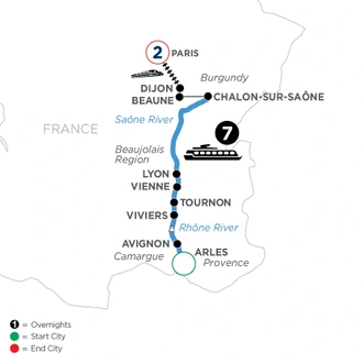 tourhub | Avalon Waterways | Burgundy & Provence with 2 Nights in Paris (Northbound) (Poetry II) | Tour Map