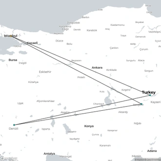 tourhub | Curio Travel | 8 days Tour by flights Istanbul Cappadocia Konya Pamukkale Ephesus Small Group Tour (Max 10 pax)  | Tour Map