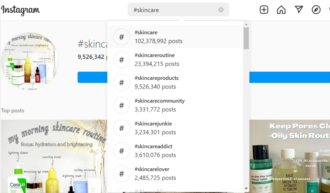 Skincare products hashtag on Instagram photos and videos