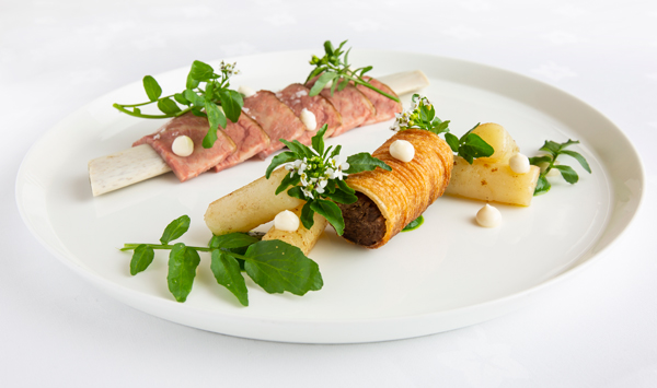 Rib of Trenchmore Farm beef, beef fat confit potato, watercress and horseradish