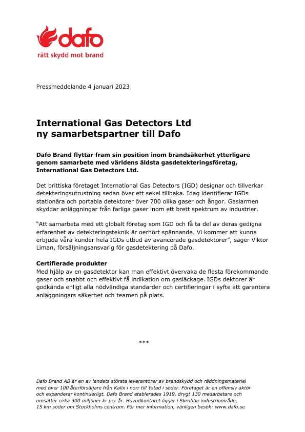 International Gas Detectors Ltd ny samarbetspartner till Dafo  