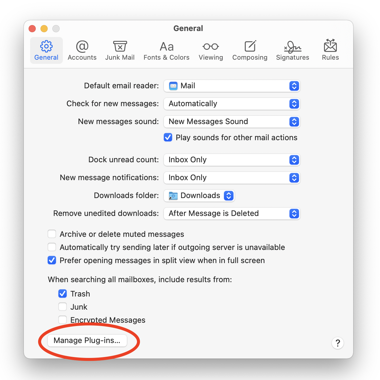 What can I do if the Manage Plugins button is gone from Apple Mail?