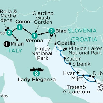 tourhub | APT | Gardens of the Italian Lakes, Slovenia & Croatian Islands Cruise | Tour Map