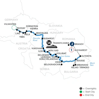 tourhub | Avalon Waterways | The Danube from Germany to Romania with 1 Night in Bucharest and 2 Nights in Transylvania (Illumination) | Tour Map