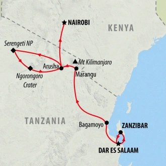 tourhub | On The Go Tours | Zanzibar & Tanzania (Accommodated) - 11 days | Tour Map