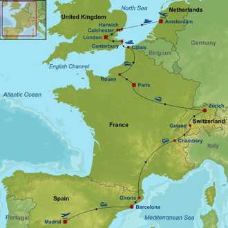 tourhub | Indus Travels | Sensational Spain, Switzerland, Paris, London and Amsterdam | Tour Map
