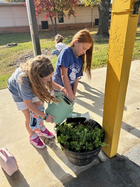 Students planting flowers.

