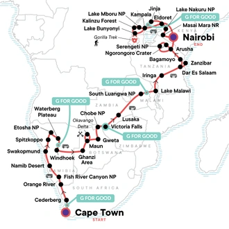 tourhub | G Adventures | Ultimate Africa: Safari Drives & the Savannah | Tour Map