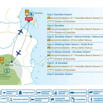 tourhub | Beach and Safari Holidays | 9 DAYS ZANZIBAR & SELOUS / NYERERE NP | Tour Map