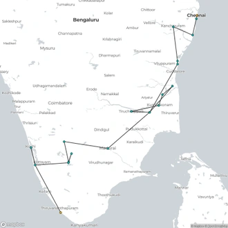 tourhub | Agora Voyages | Temples & Backwater Tour of South India | Tour Map