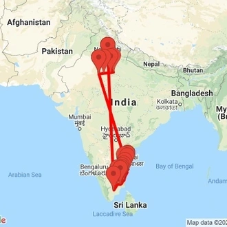 tourhub | Agora Voyages | Golden Triangle & South India Temples | Tour Map
