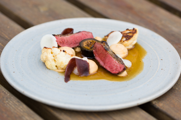 Pigeon, cauliflower, pickled walnut, pigeon bresaola, pickled kohlrabi and jus