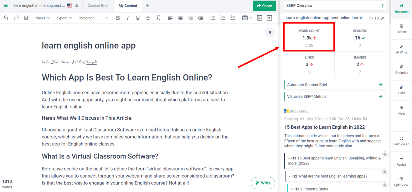 A Screenshot On How To Identify Your Article'S Word Gap Using Frase.io.