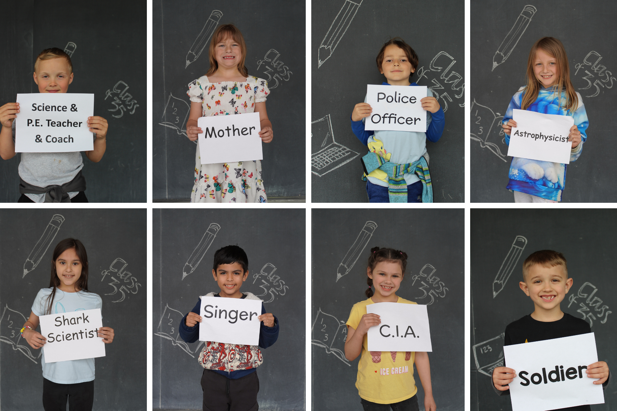 Eight members of the Class of 2035 holding signs that say what they want to be when they grow up