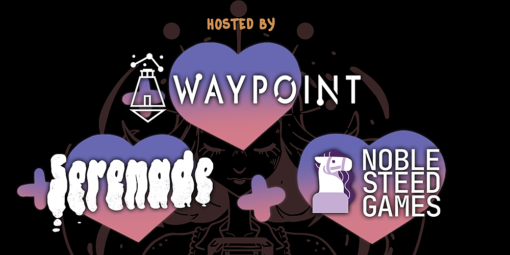 A feature graphic showing the logos of Waypoint, Serenade and Noble Steed Games arranged in love hearts