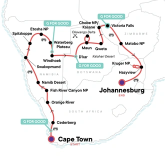 tourhub | G Adventures | Southern Africa Overland: Cape Town, Falls & Kruger | Tour Map