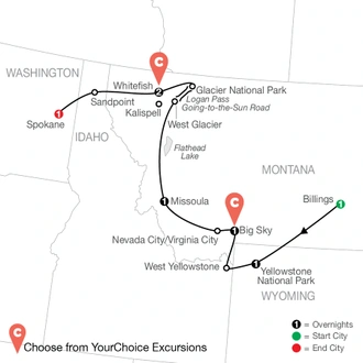 tourhub | Globus | Sunny Days, Starry Nights: America's Rocky Mountains By Design | Tour Map