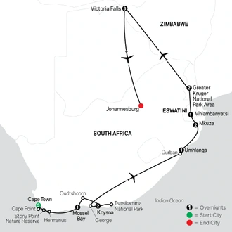 tourhub | Cosmos | South Africa: From the Cape to Kruger with Victoria Falls | Tour Map