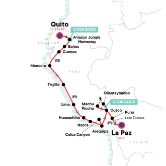 tourhub | G Adventures | Quito to La Paz: Amazon & Ancient Cultures | Tour Map