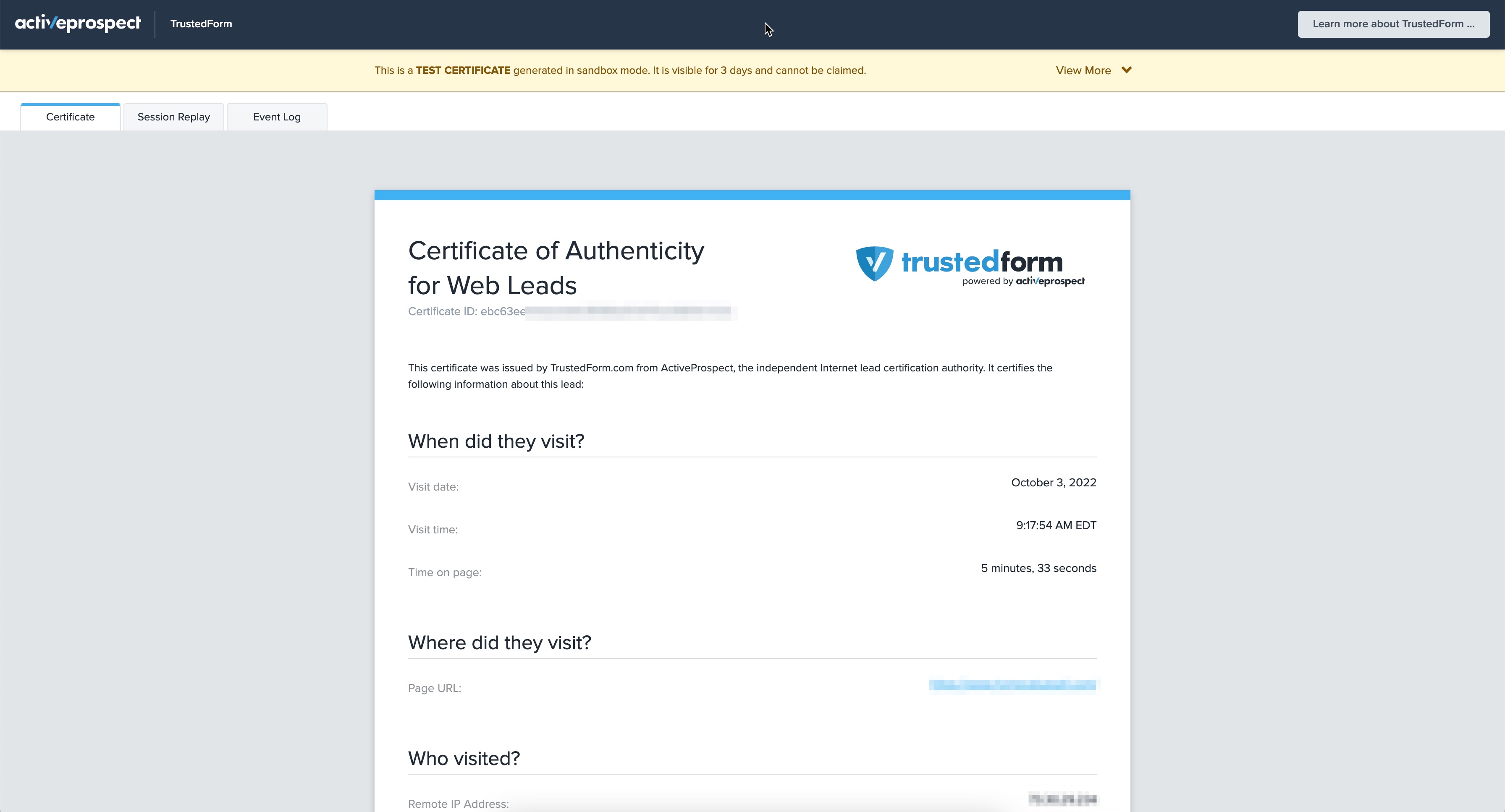 Example of TrustedForm certificate