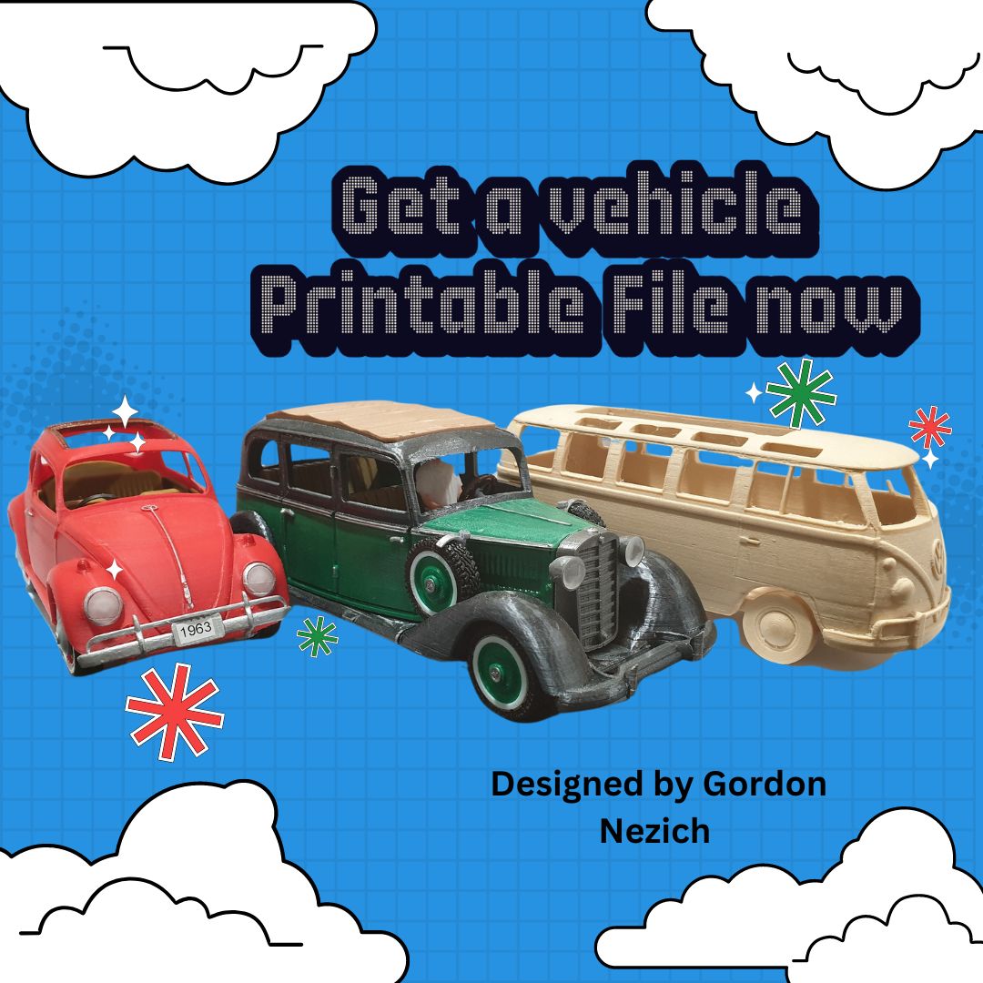 The image features three models of classic vehicles, indicating they are 3D printable files designed by Gordon Nezich.