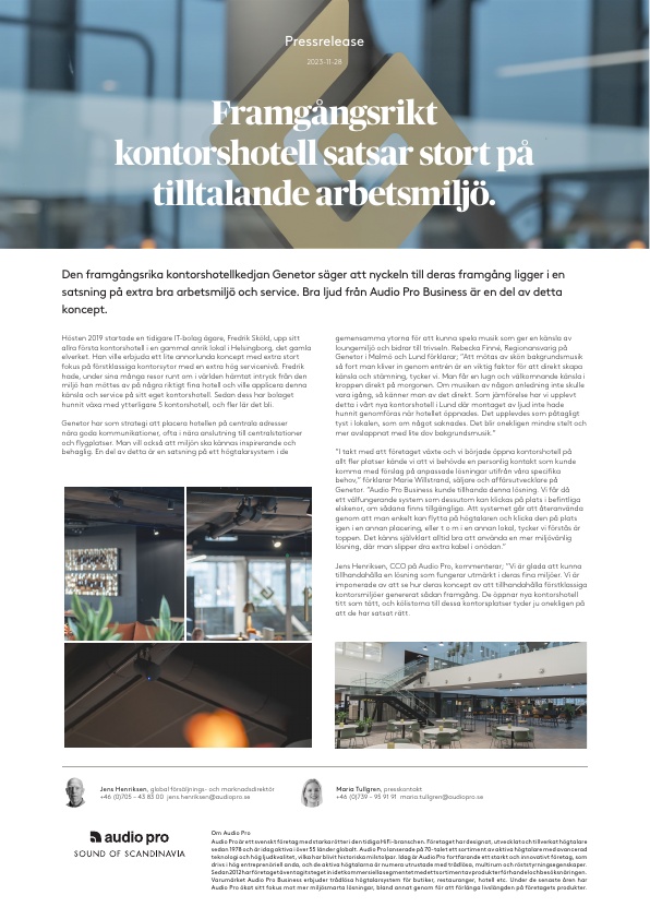 Pressrelease, Svensk, Audio Pro Business, Genetor