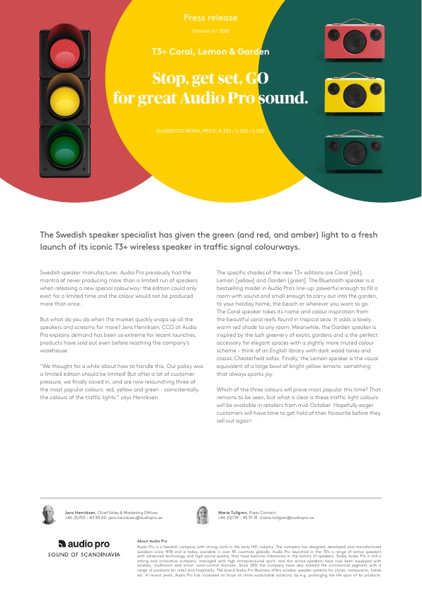 Press release English Audio Pro T3+ Traffic light colours