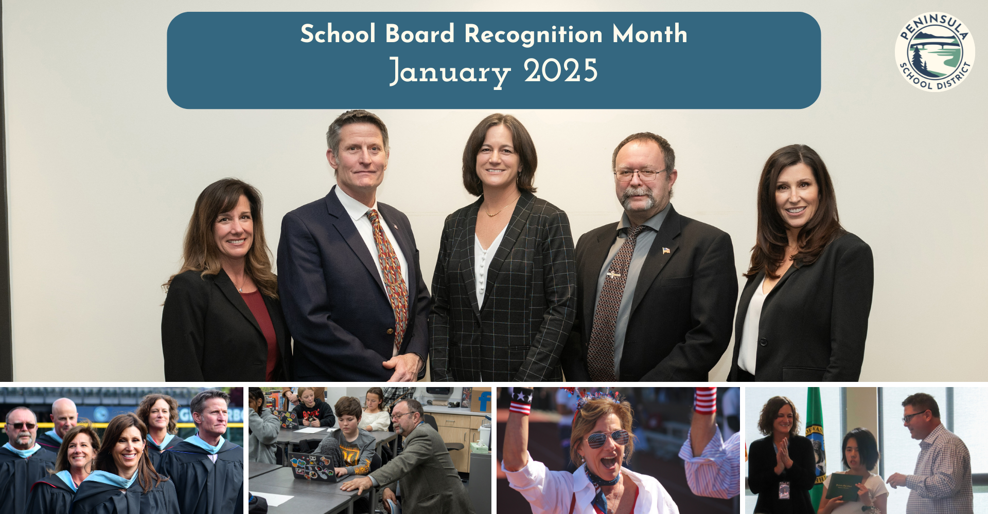 A group of school board members pose for a photo during School Board Recognition Month in January 2025. The Peninsula School District logo is visible in the top right corner.