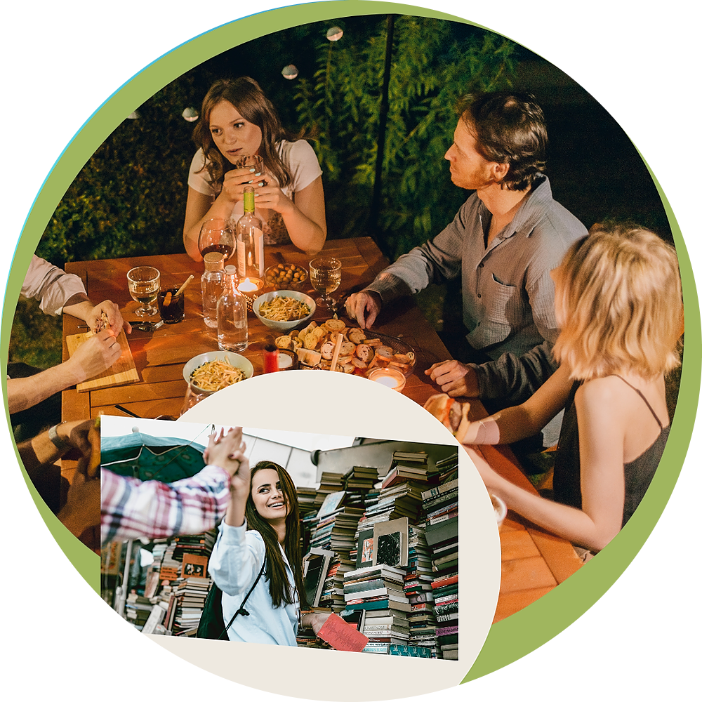 people sitting at a table with drinks, inset image of a woman at a bookfair