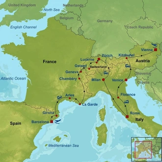 tourhub | Indus Travels | Essential Spain, Switzerland, Italy and Austria | Tour Map
