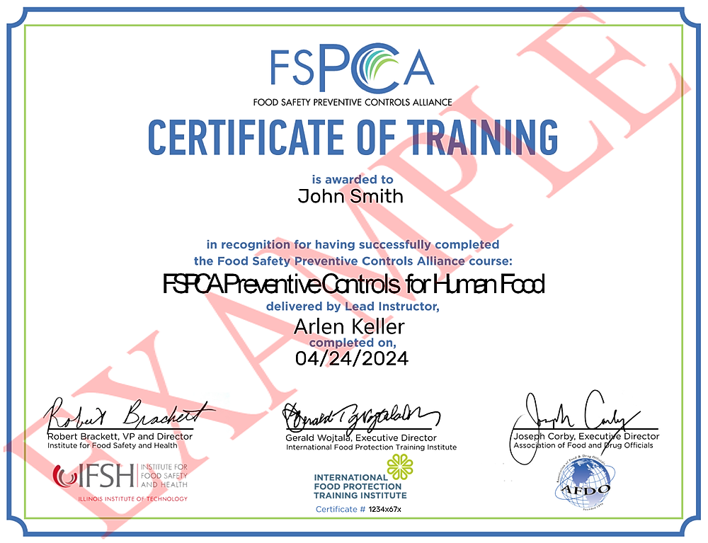 FSPCA Training Certificate Example