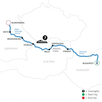 tourhub | Avalon Waterways | The Blue Danube Discovery with 2 Nights in Budapest (Illumination) | Tour Map