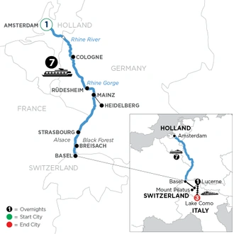 tourhub | Avalon Waterways | Romantic Rhine with 1 Night in Amsterdam, Mount Pilatus, 1 Night in Lucerne & 3 Nights in Lake Como (Southbound) (Panorama) | Tour Map
