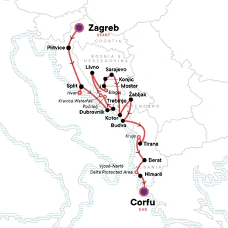 tourhub | G Adventures | Zagreb to Corfu: Epic Hikes & Medieval Fortresses | Tour Map