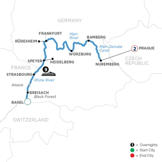 tourhub | Avalon Waterways | Christmastime from Basel to Nuremberg with 2 Nights in Prague (Envision) | Tour Map
