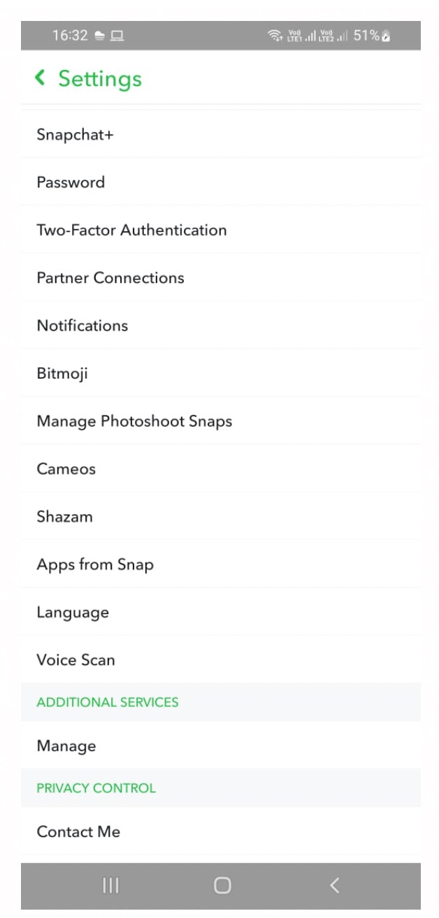 A screenshot displaying the settings page of Snapchat.