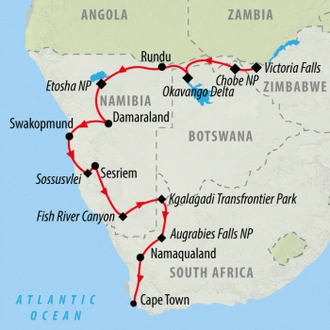 tourhub | On The Go Tours | Victoria Falls to Table Mountain - 20 days | Tour Map