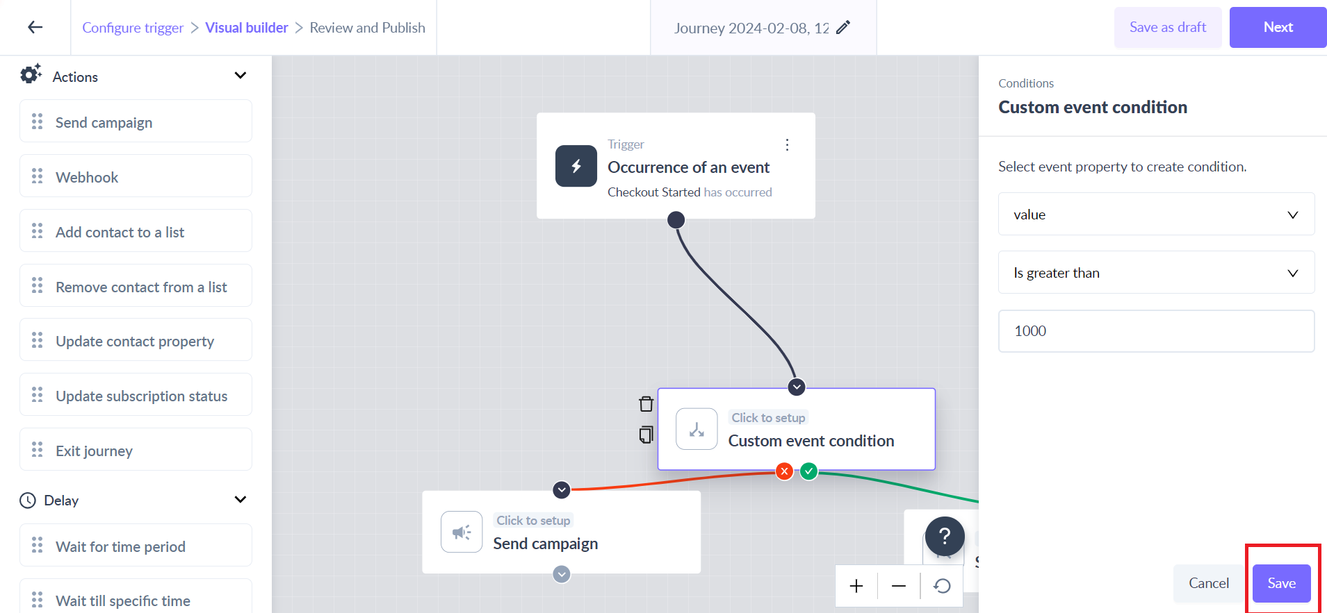 Custom event condition as a condition in the journey