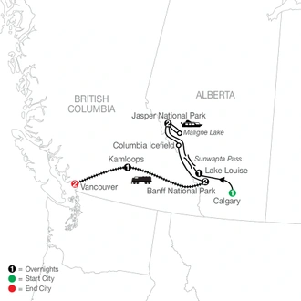 tourhub | Globus | Great Resorts of the Canadian Rockies with the Rocky Mountaineer | Tour Map