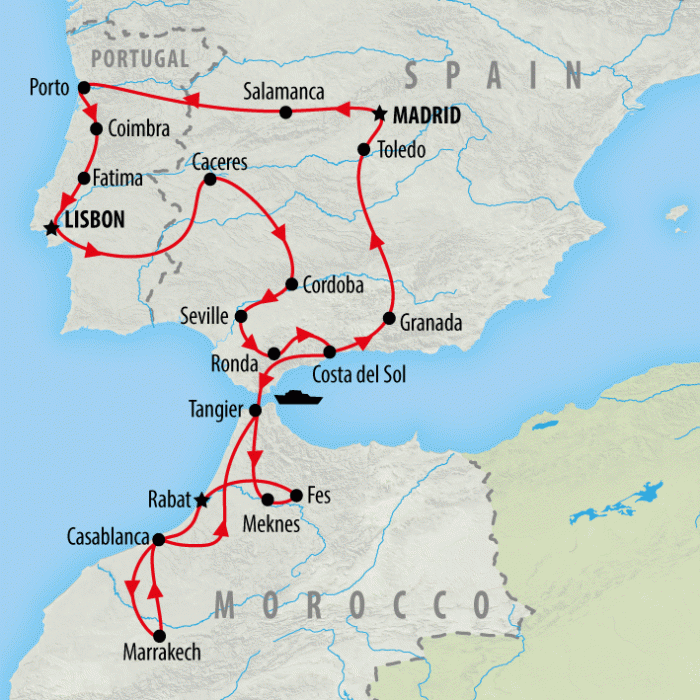 tourhub | On The Go Tours | Jewels of Spain, Portugal & Morocco - 21 days | Tour Map