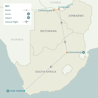 tourhub | Riviera Travel | Victoria Falls, Botswana Safari and Cape Town | Tour Map