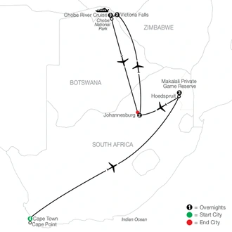 tourhub | Globus | Splendors of South Africa & Victoria Falls with Chobe River Cruise | Tour Map