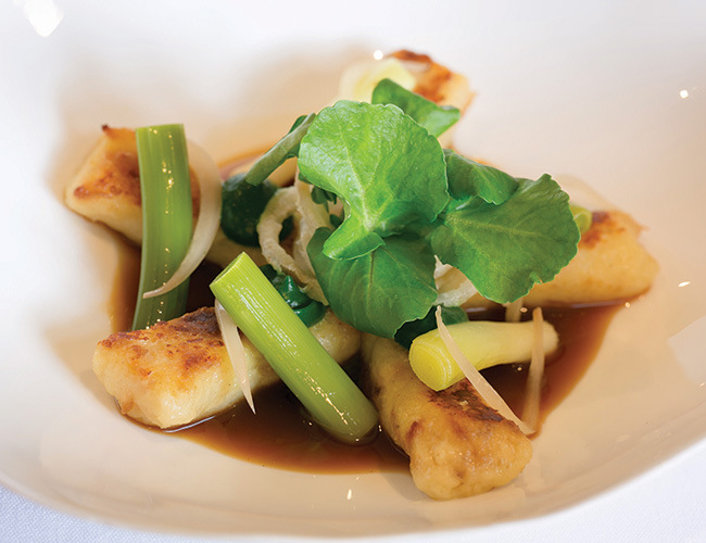 Gnocchi, leeks, onion, watercress at the Clock House, Ripley, Surrey