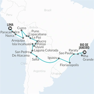 tourhub | Bamba Travel | Rio de Janeiro to Lima (via Iguazu) Travel Pass | Tour Map