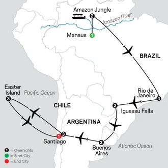 tourhub | Cosmos | Brazil, Argentina & Chile Unveiled with Brazil's Amazon & Easter Island | Tour Map