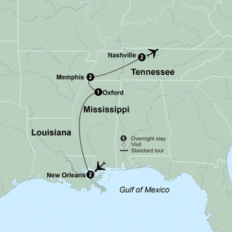 tourhub | Collette | America's Music Cities featuring New Orleans, Memphis & Nashville | Tour Map