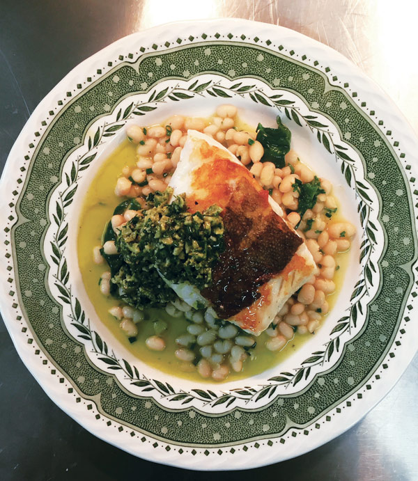 Cod fillet, haricot beans and salsa verde