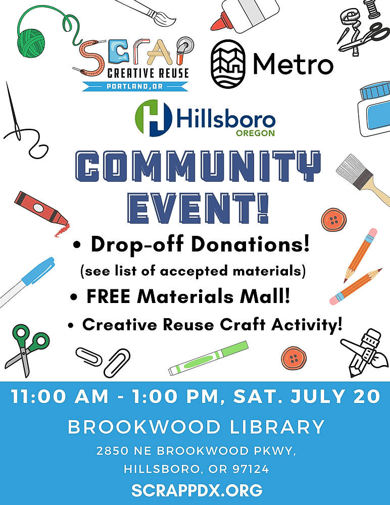 Flyer for Free Community Event with SCRAP at Hillsboro Brookwood Library