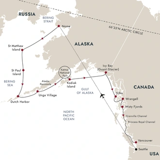 tourhub | HX Hurtigruten Expeditions | Alaska & British Columbia | Inside Passage, Bears and Aleutian Islands | Southbound | Tour Map