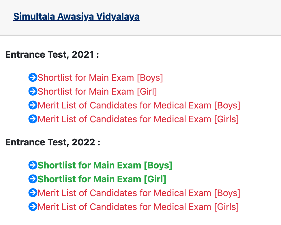 Click on Shortlist for Main Exam Boys or Shortlist for Main Exam girls
